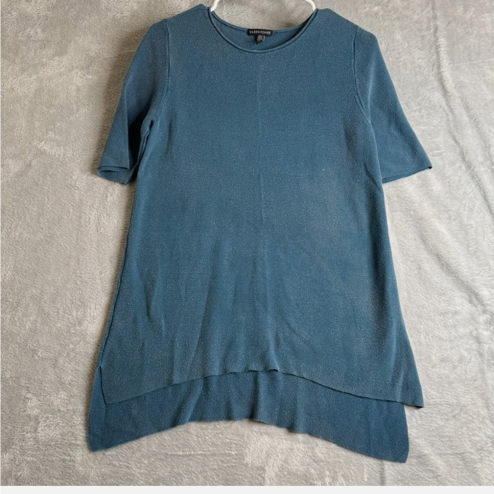 Eileen Fisher Top Womens S Blue Lagenlook Boho Minimalist Silk Cotton Blend FLAW
